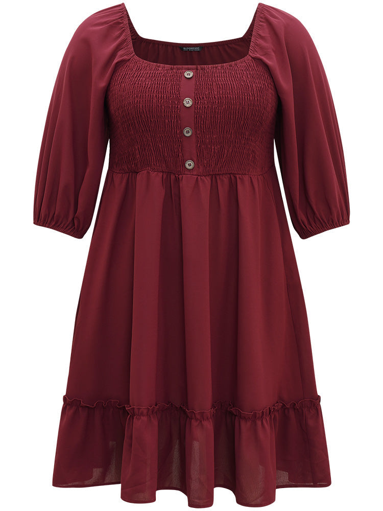 Shirred Pocket Button Detail Frill Trim Dress