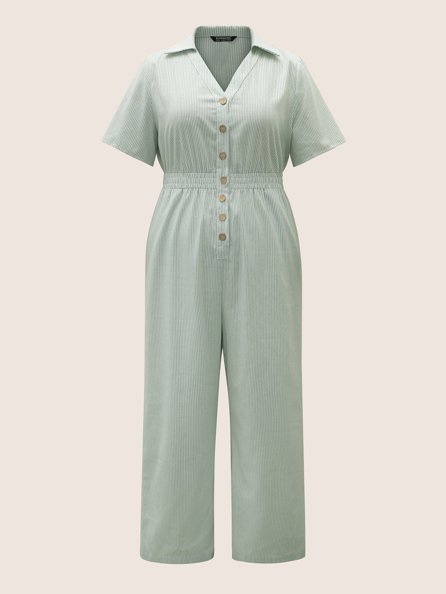Striped Lapel Collar Shirred Button Detail Jumpsuit