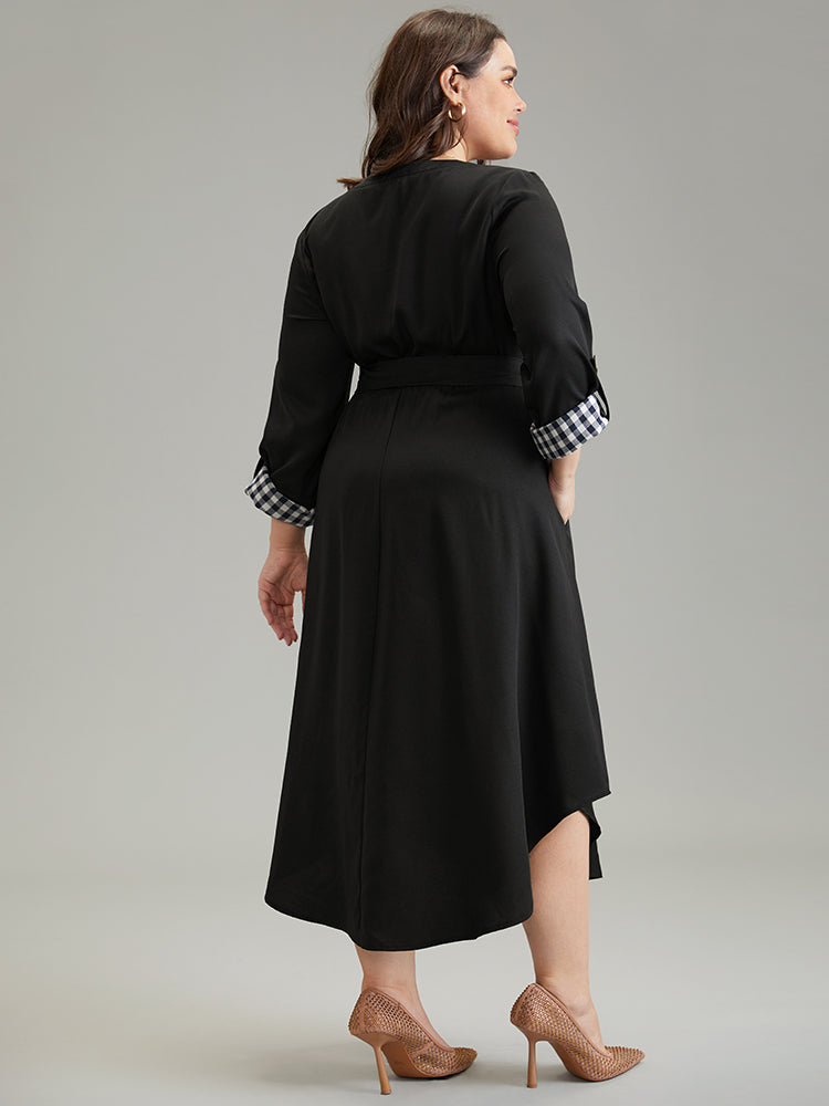 Gingham Notched Belted Curved Hem Tab Sleeve Dress