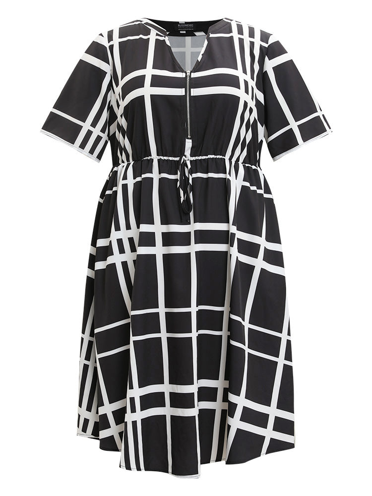 Plaid Knot Front Pocket Arc Hem Zipper Dress