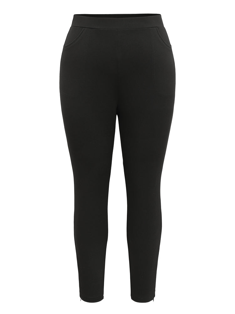 Solid Zipper Hem Elastic Waist Skinny Pants