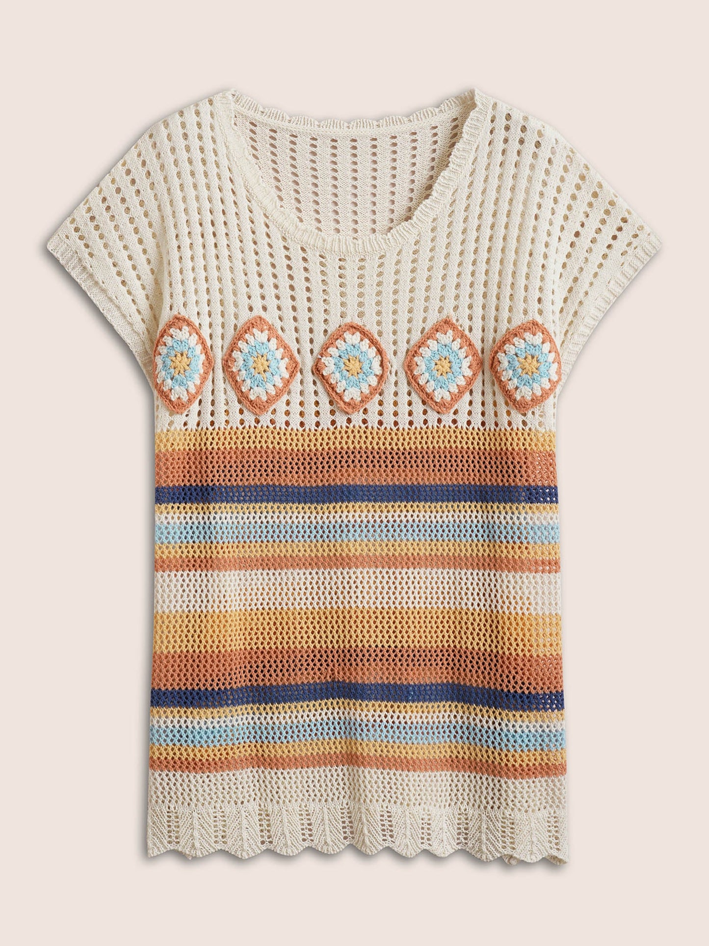 Contrast Striped Crochet Cut Out Swim Cover Up
