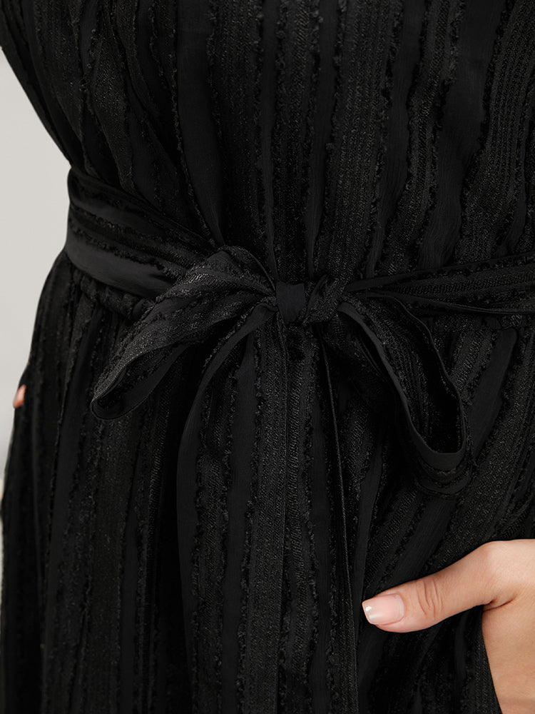 Striped Pocket Lantern Sleeve Belted Surplice Neck Glitter Maxi Dress