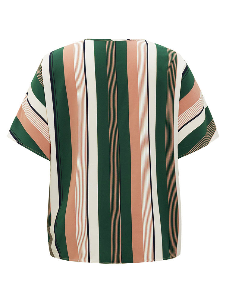 Striped Print Button Detail Batwing Sleeve Blouse