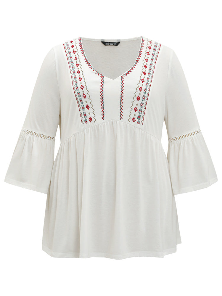 Boho Print Embroidered V Neck Gathered Bell Sleeve T-shirt