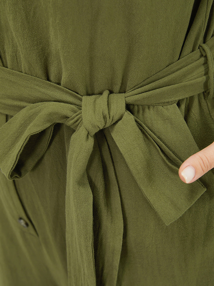 Solid Cap Sleeve Ruffle Notched Pocket Belted Button Up Jumpsuit