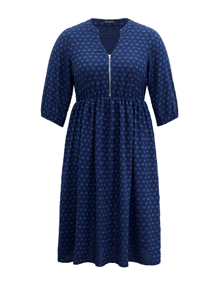Plain Heart Textured Half Zip Notched Dress