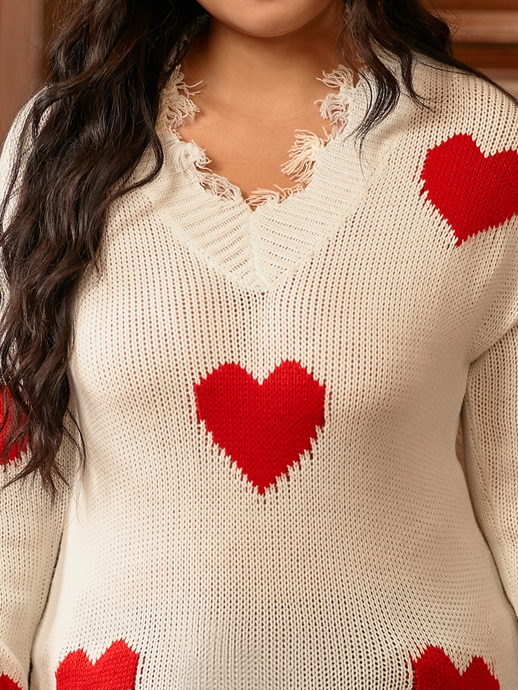 Heart Pattern Raw Hem Sweater