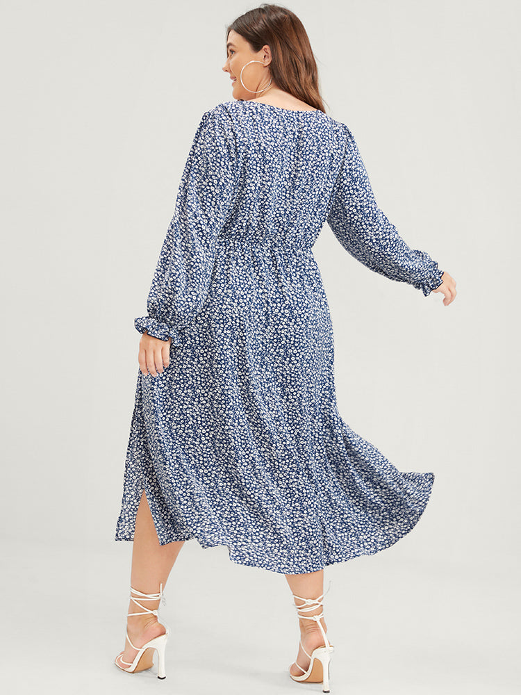 Ditsy Floral Pocket Square Neck Lantern Sleeve Split Midi Dress