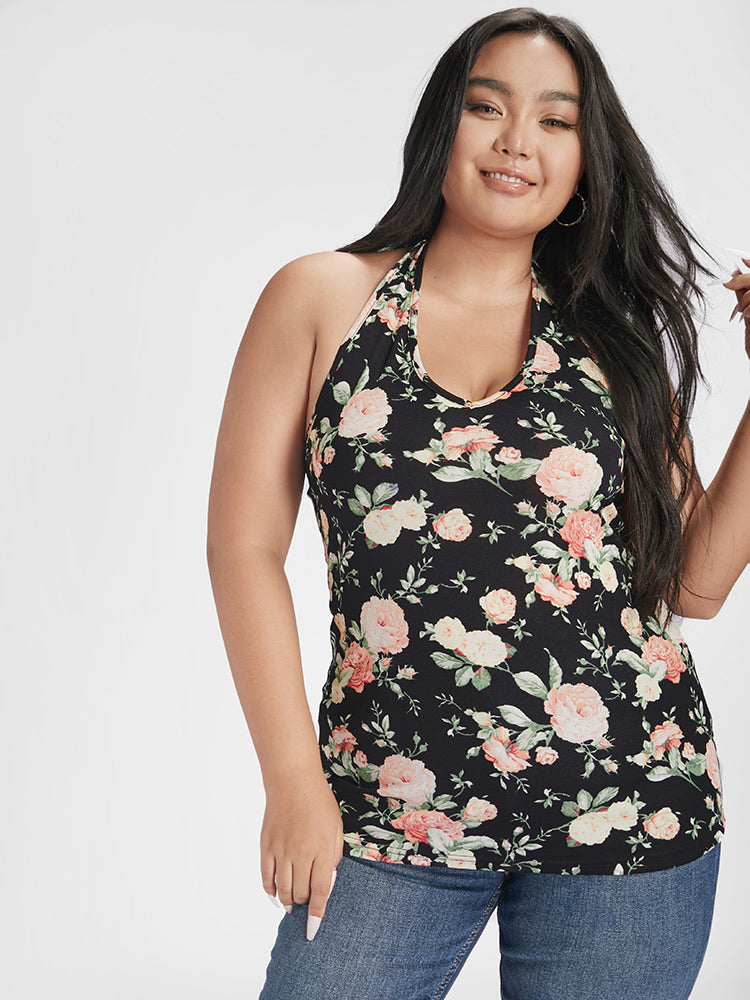 Floral Print Halter Backless Tank Top