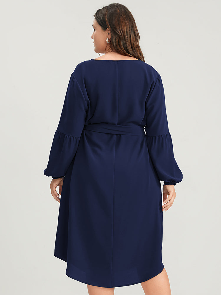 Solid Lantern Sleeve Button Pocket Belted Arc Hem Dress