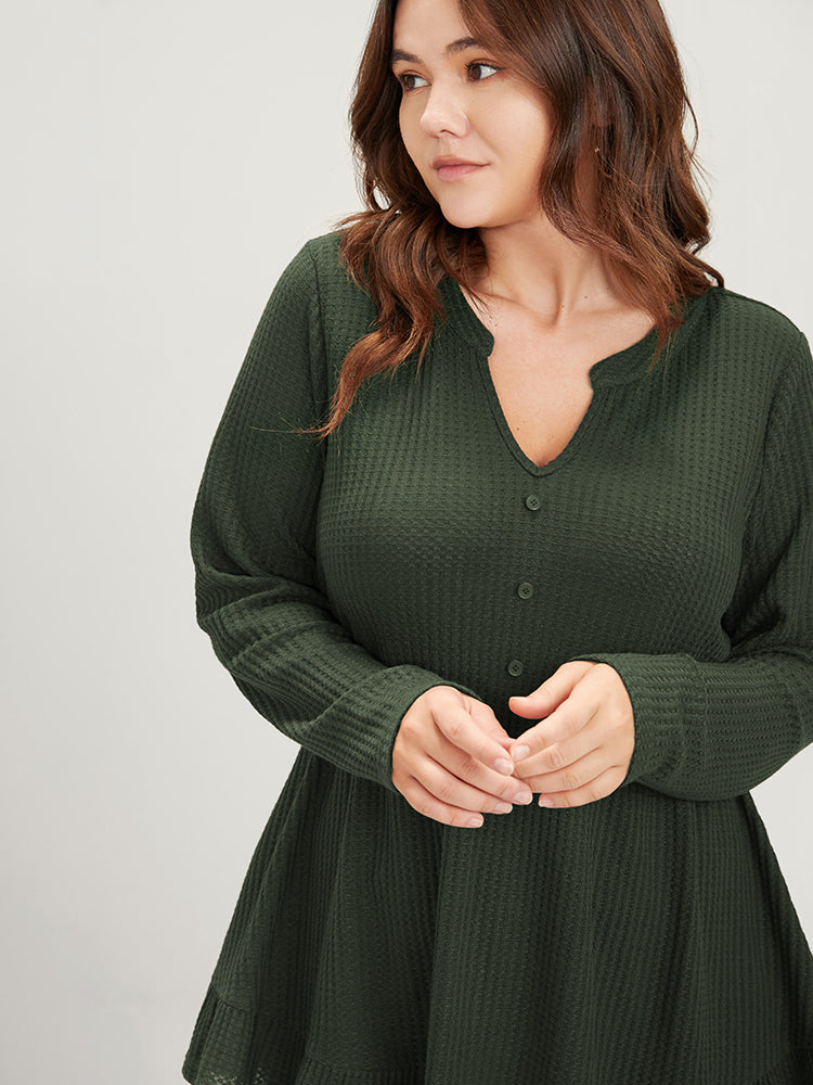 Solid Fake Button Flutter Hem Waffle Knit Long Tee