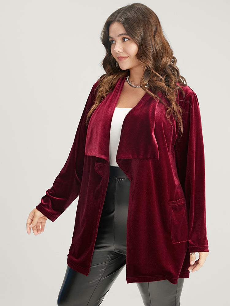 Solid Belted Pocket Waterfall Collar Velvet Coat