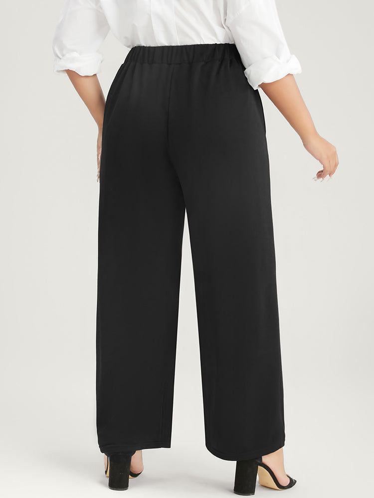 Solid Button Detail Elastic Waist Pocket Pants