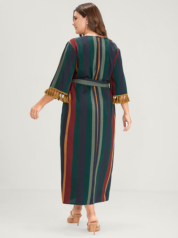 Striped Pocket Tassels Trim Belted Midi Dress