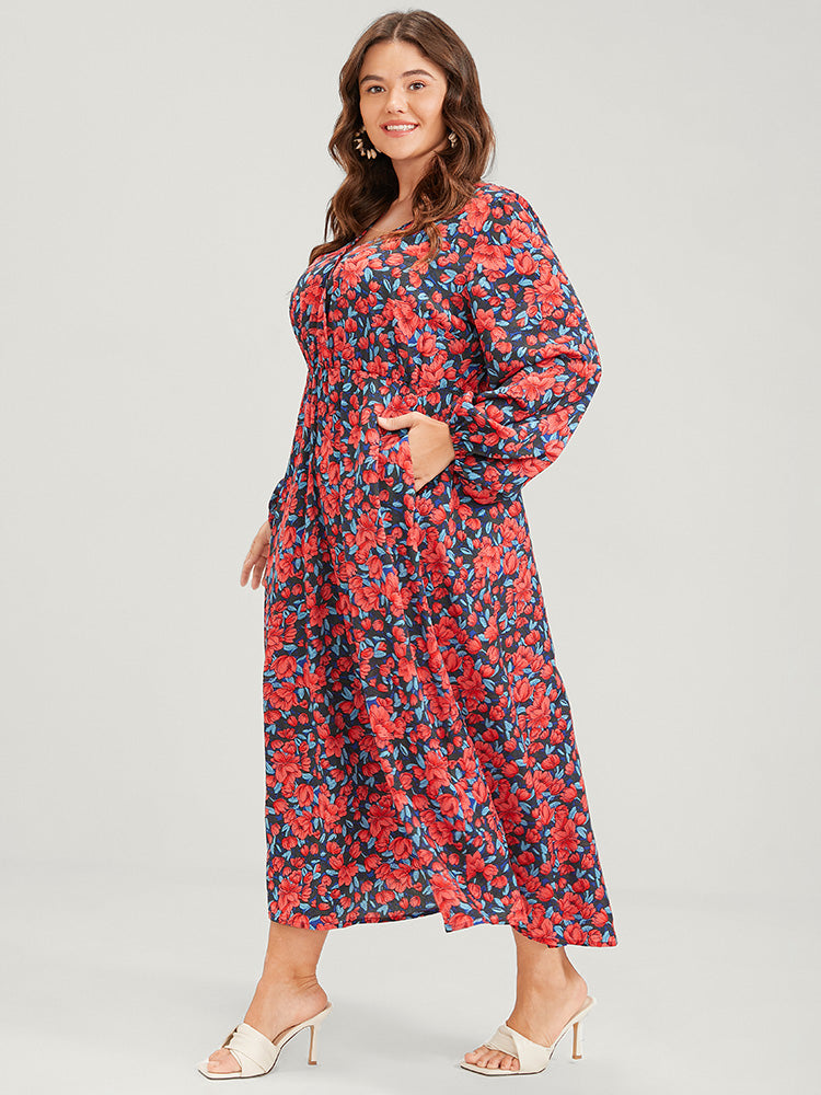Floral Pocket Lantern Sleeve Button Surplice Neck Midi Dress