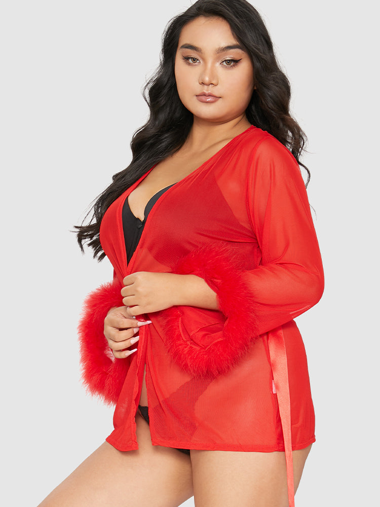 Fuzzy Trim Sheer Mesh Night Robe Without Lingerie
