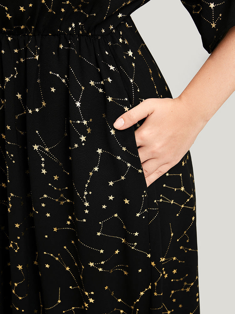 Star Print Dolman Sleeve Pocket Button Split Maxi Dress