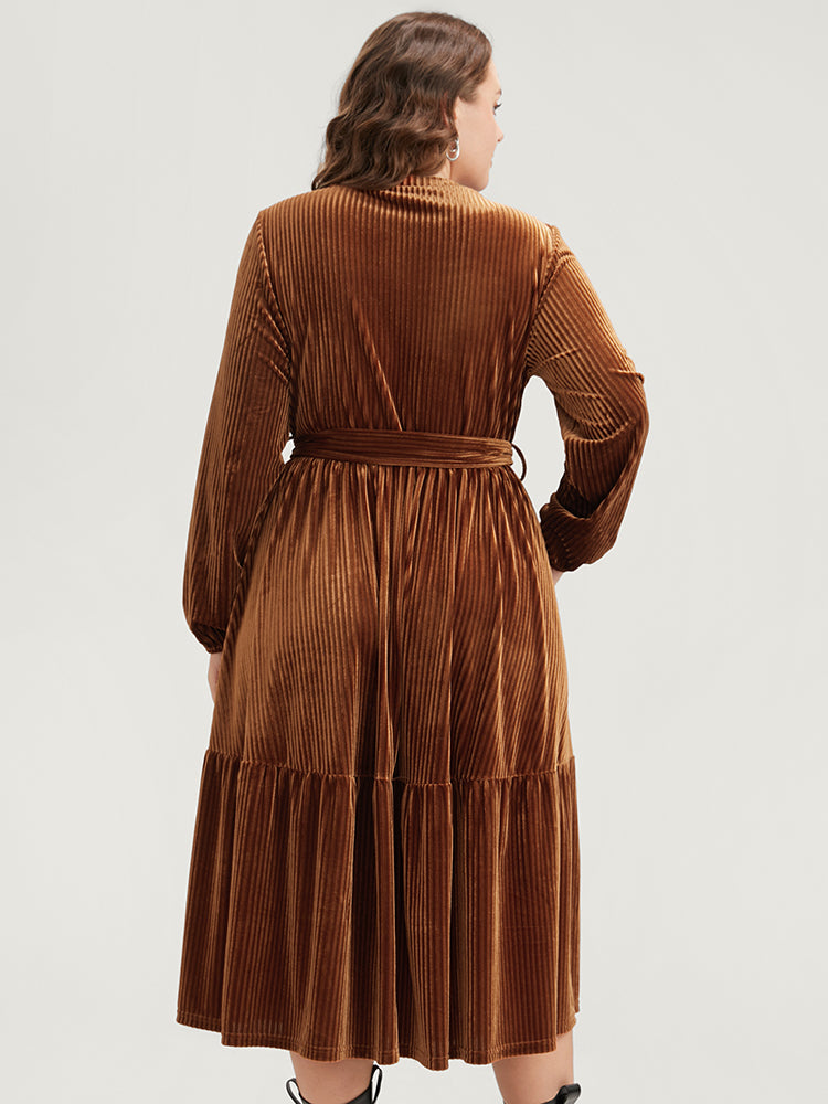 Solid Pocket Velvet Belted Rib Knit Ruffle Hem Dress