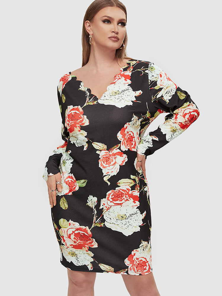 Floral Pattern Scallop Trim Dress
