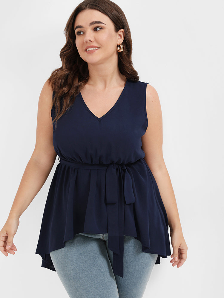 Solid Ties Asymmetrical Ruffled V Neck Tank Top