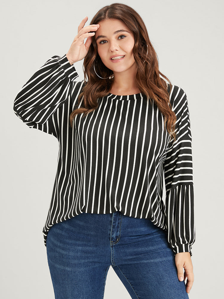 Asymmetrical Striped Lantern Sleeve Round Neck Long Tee