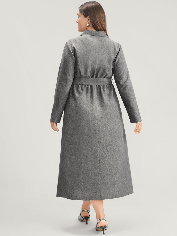 Solid Pocket Button Up Lapel Collar Belted Dress