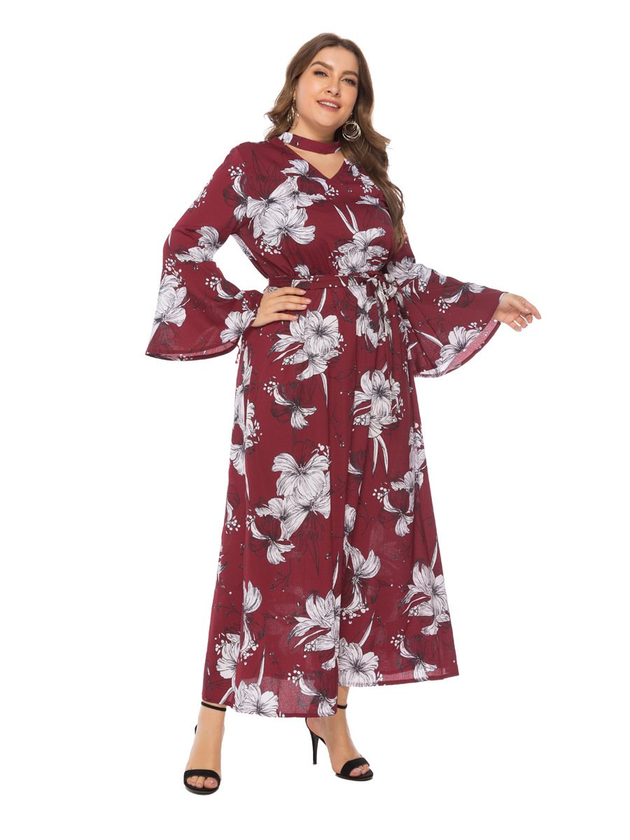 Floral Printed Hollow Out Flared Sleeve Maxi Dress