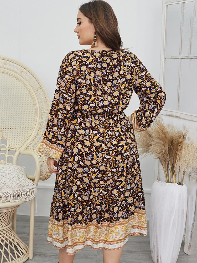 Vintage Floral Printed Elastic Waist Maxi Dress