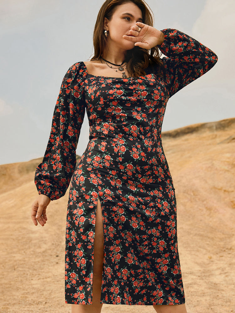 Square Neck Ditsy Floral Split Dress