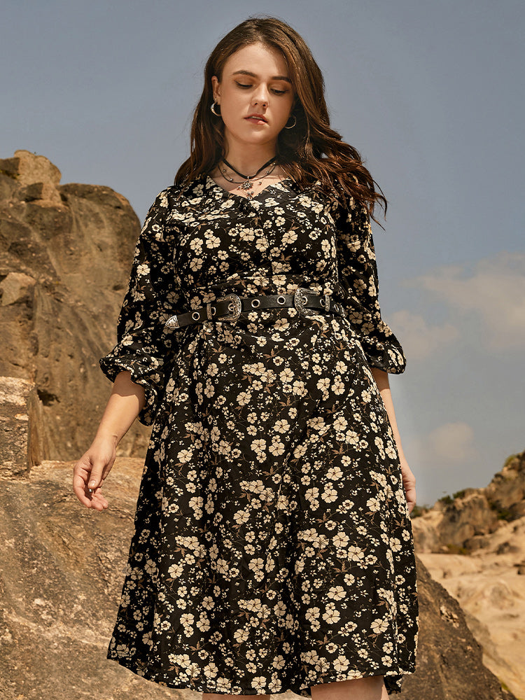 Ditsy Floral Bishop Sleeve Dress Without Belt