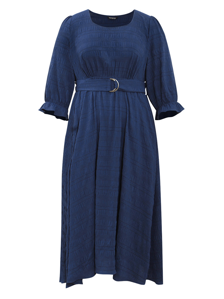 Plain Texture Belted Scoop Neck Jacquard Dress