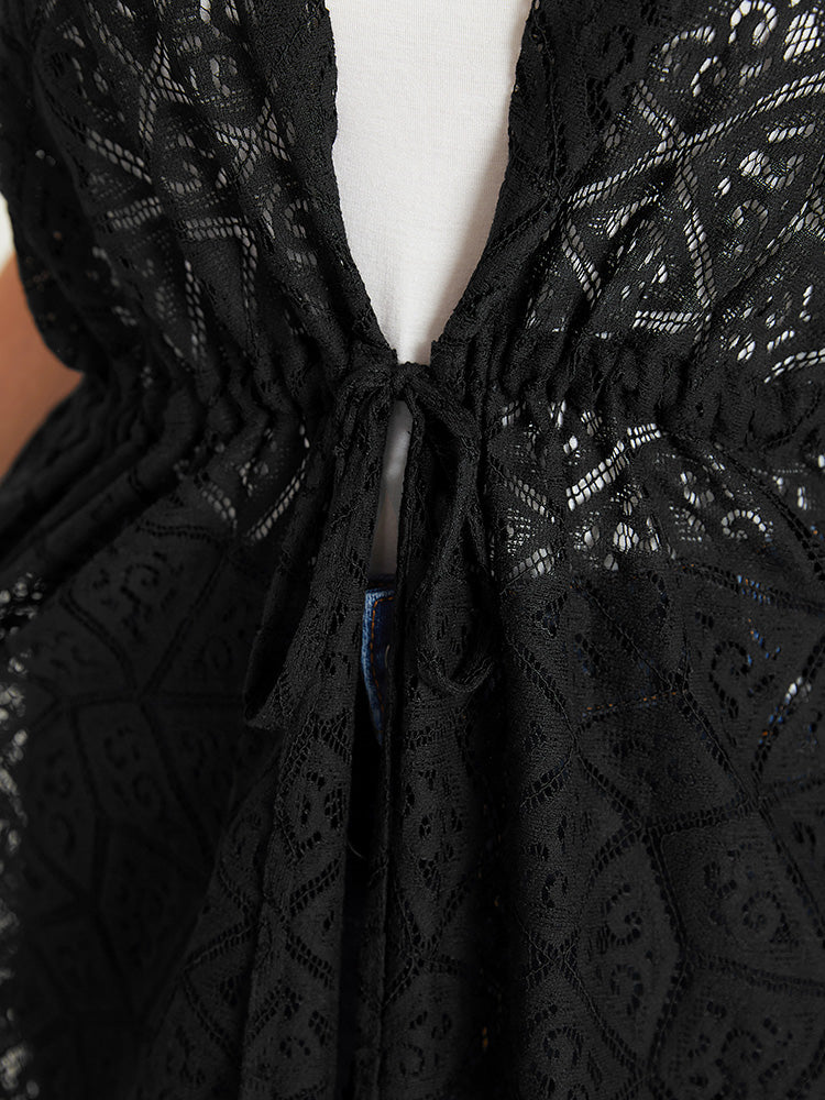 Plain Geometric Ties Open Front Eyelet Lace Kimono