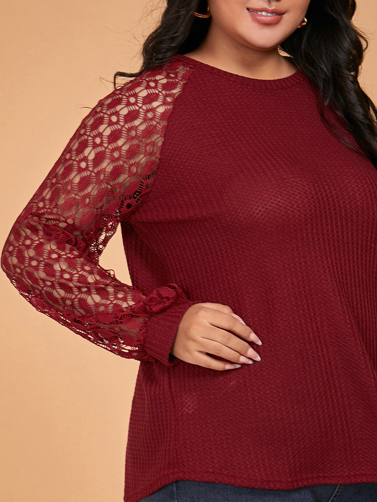 Contrast Lace Sleeve Basic T-shirt