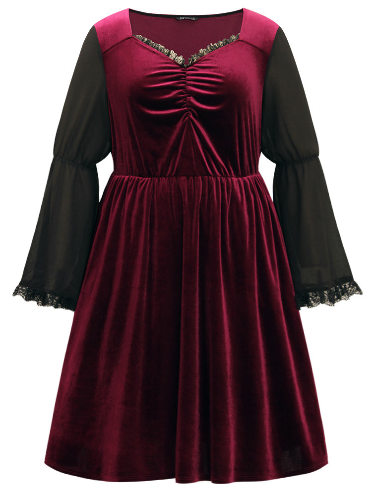 Halloween Two Tone Velvet Ruched Lace Panel Bell Sleeve Dress