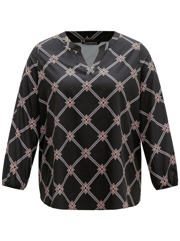 Plaid Notched Elastic Cuffs Blouse