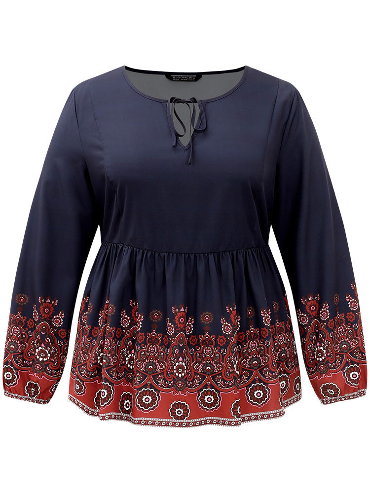 Boho Print Lantern Sleeve Tie Neck Elastic Waist Blouse