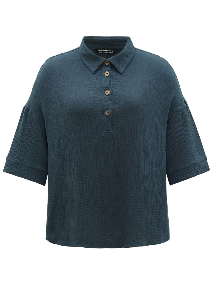 Plain Texture Button Up Shirt Collar T-shirt