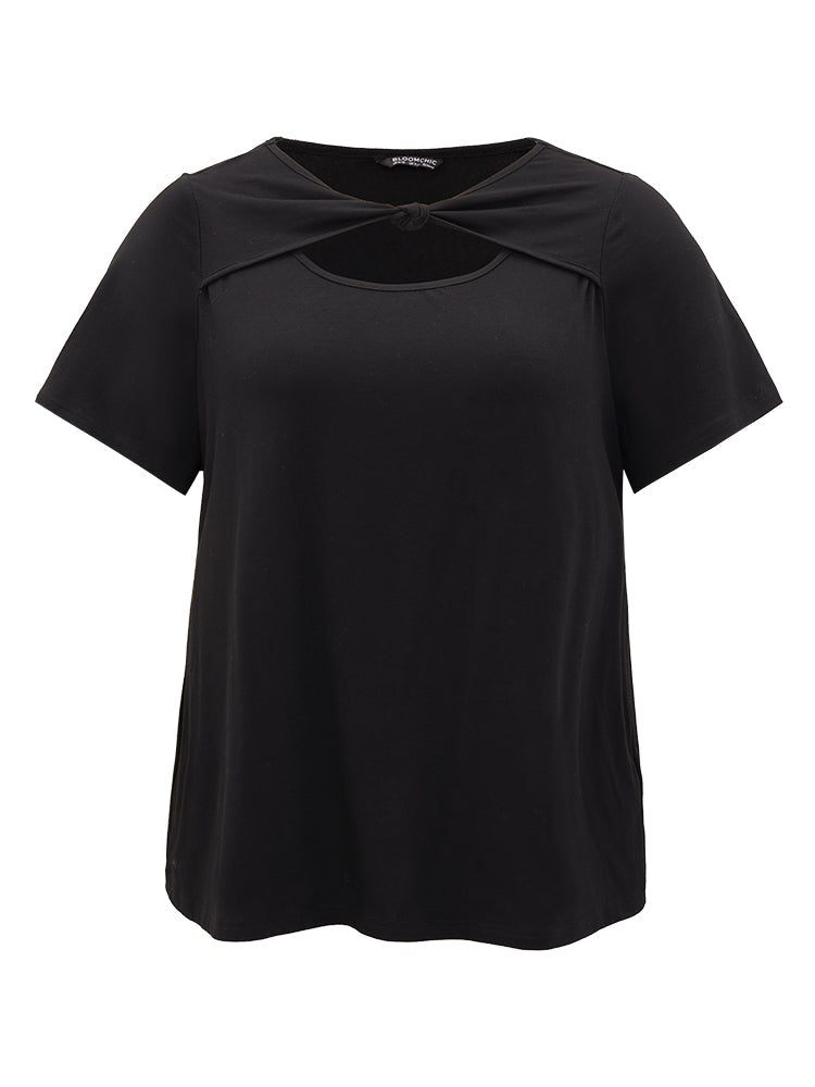 Solid Keyhole Bowknot Front Patchwork T-shirt