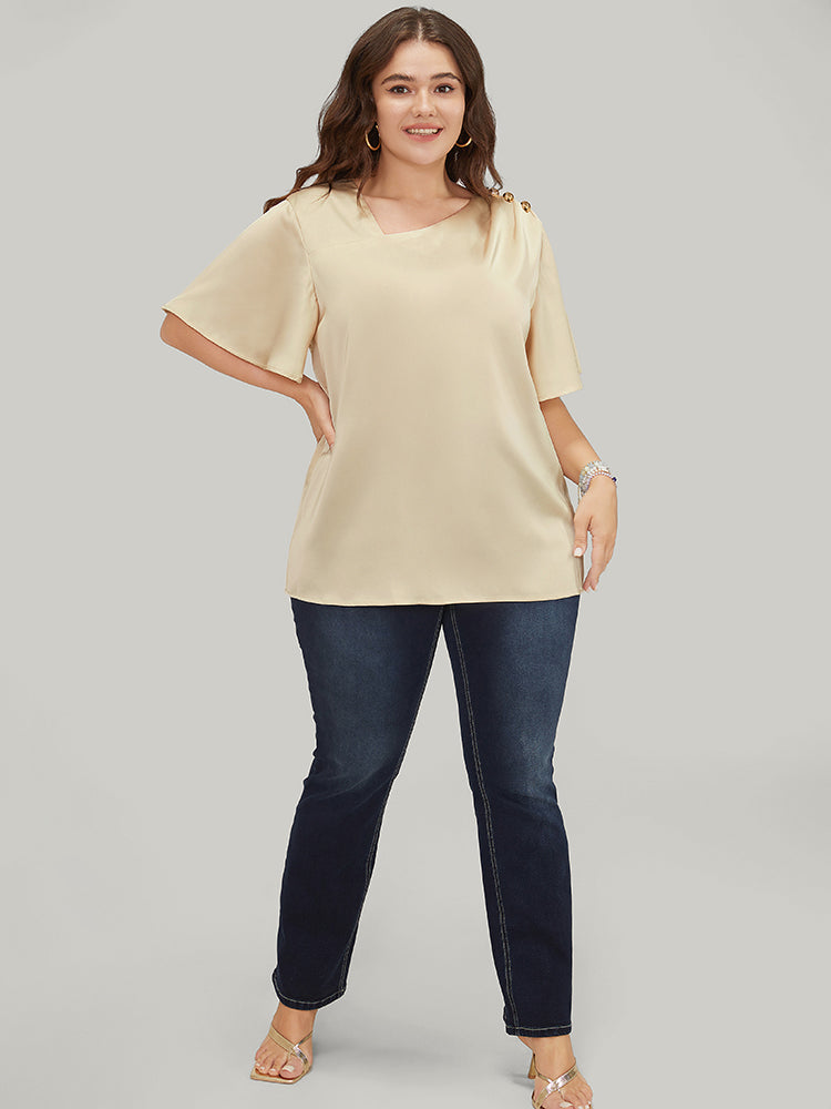 Solid Asymmetrical Neck Ruffle Sleeve Gathered Blouse