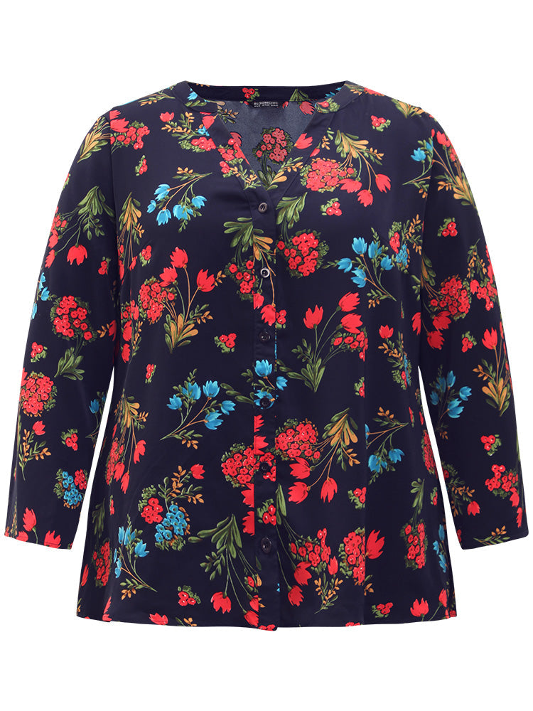 Floral Print Notched Tab Sleeve Blouse