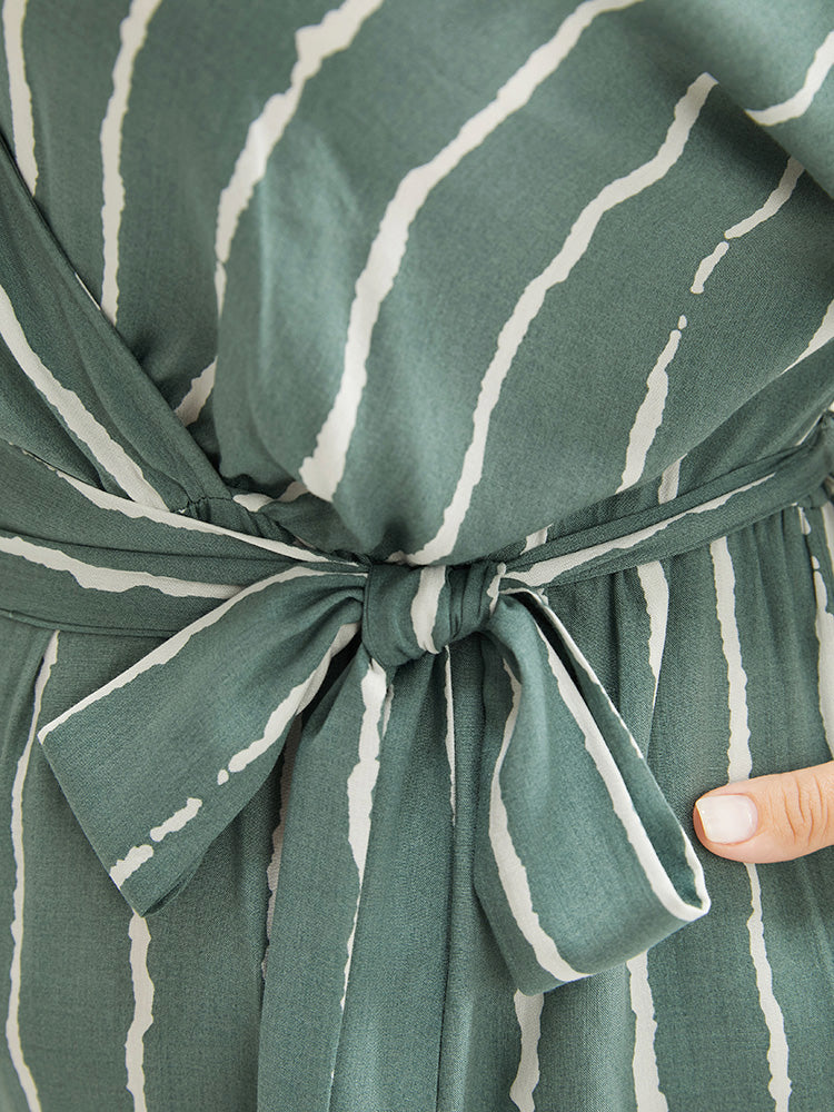 Striped Pocket Belted Surplice Neck Batwing Sleeve Jumpsuit