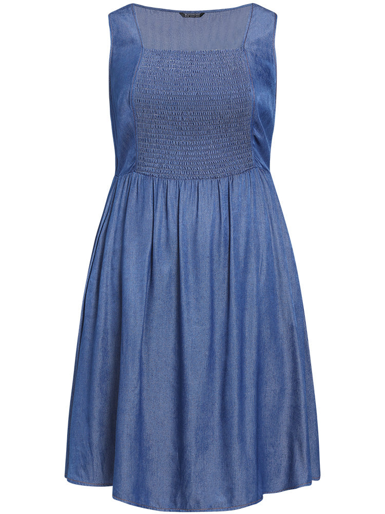 Plain Shirred Square Neck Pocket Knee Dress