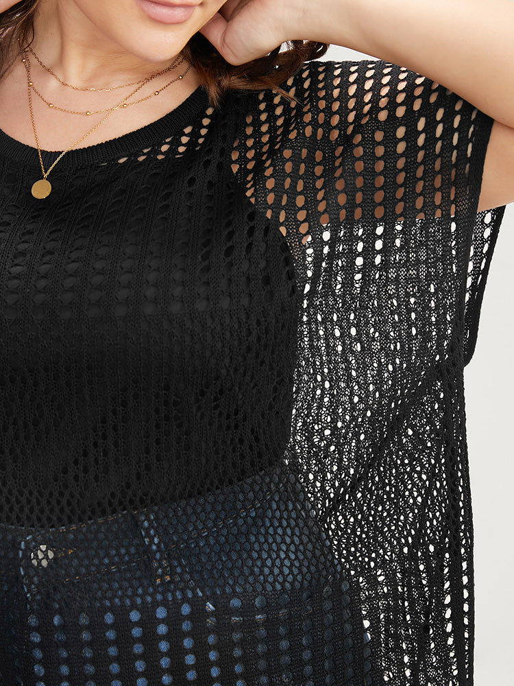 Plain Ice Rayon Yarn Scalloped Trim Cut Out Knit Top