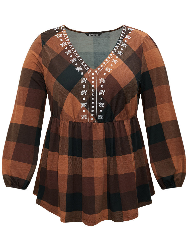 Floral Embroidered Gathered Lantern Sleeve T-shirt