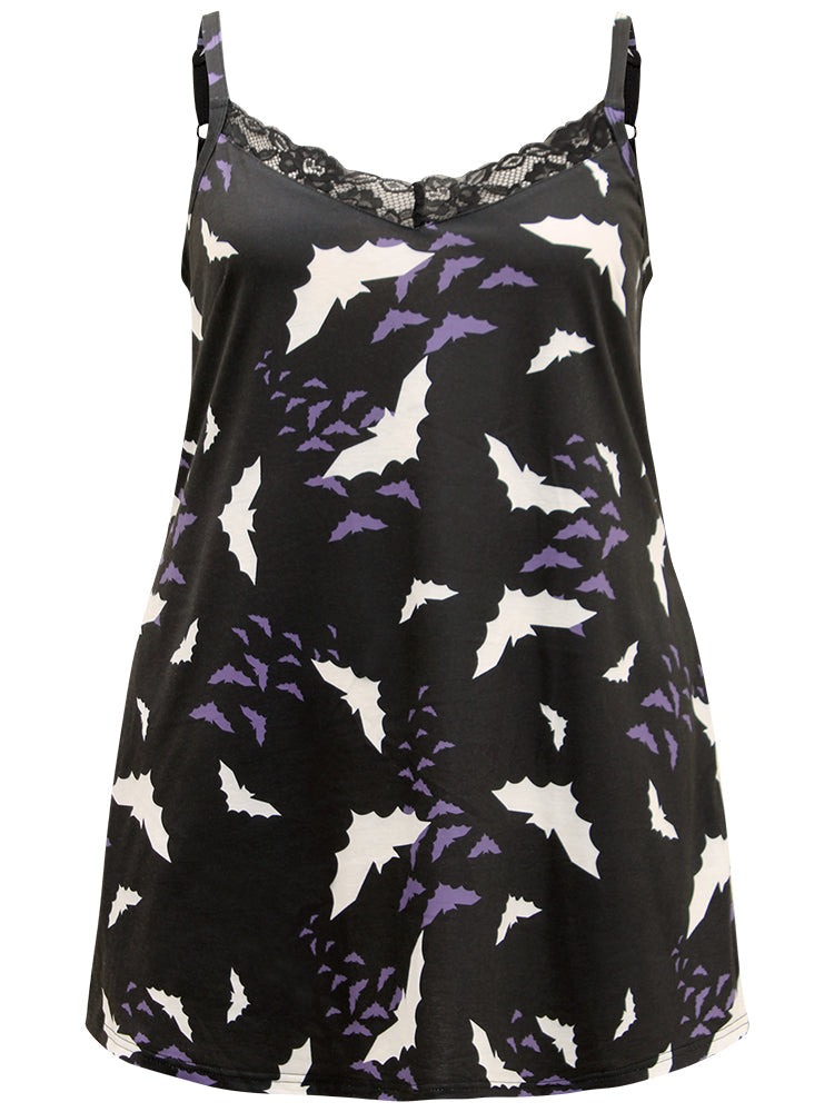 Halloween Bat Print Pocket Guipure Lace Cami Sleep Dress