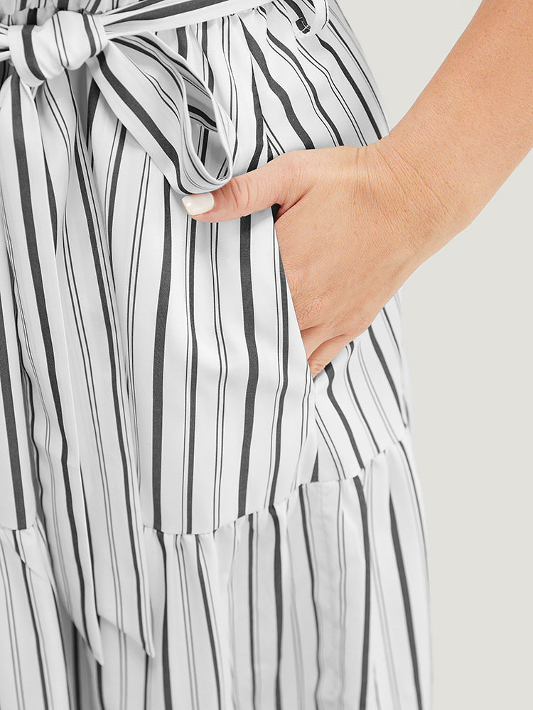 Striped Print Pocket Button Detail Belt Sleeveless Dress