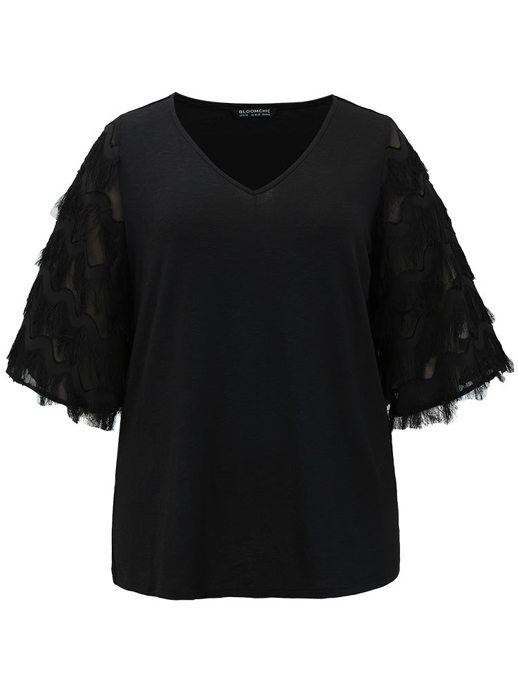 Solid Textured Tassel Trim Ruffle Sleeve T-shirt