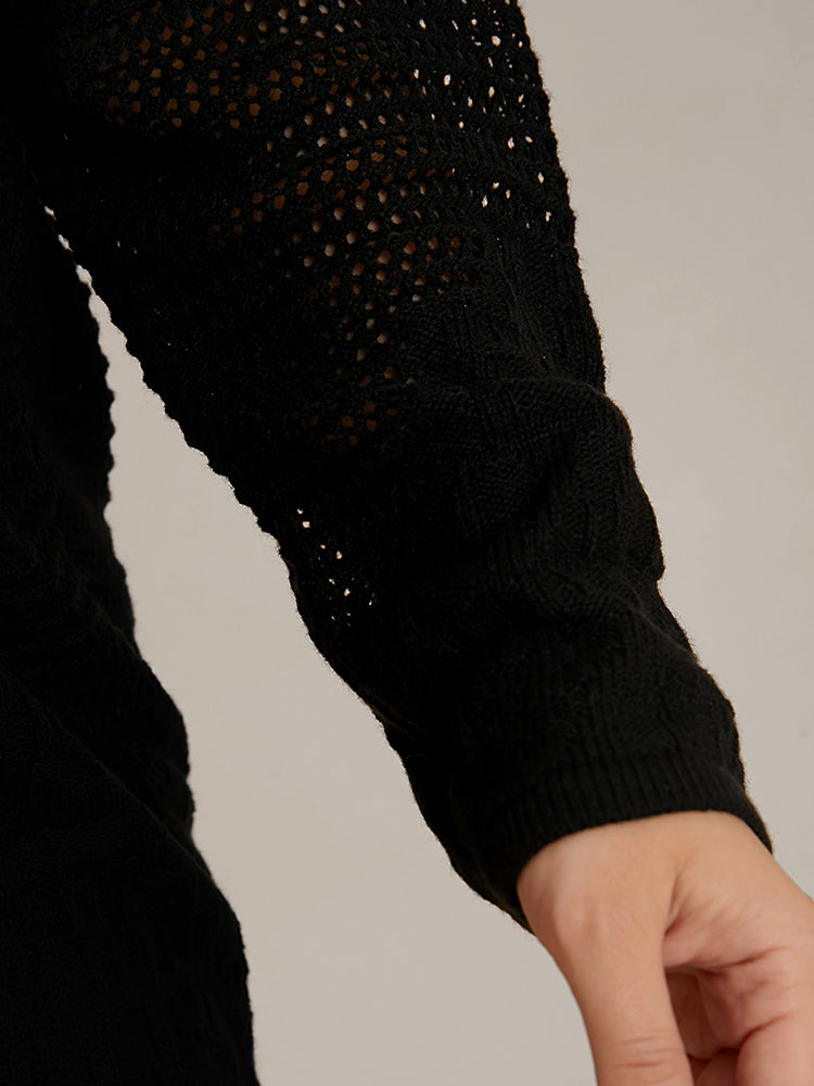 Plain Pointelle Knit Cut Out Open Front Cardigan