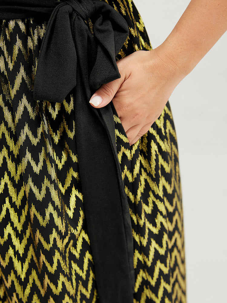 Water Ripple Patchwork Pocket Belted Dolman Sleeve Glitter Dress